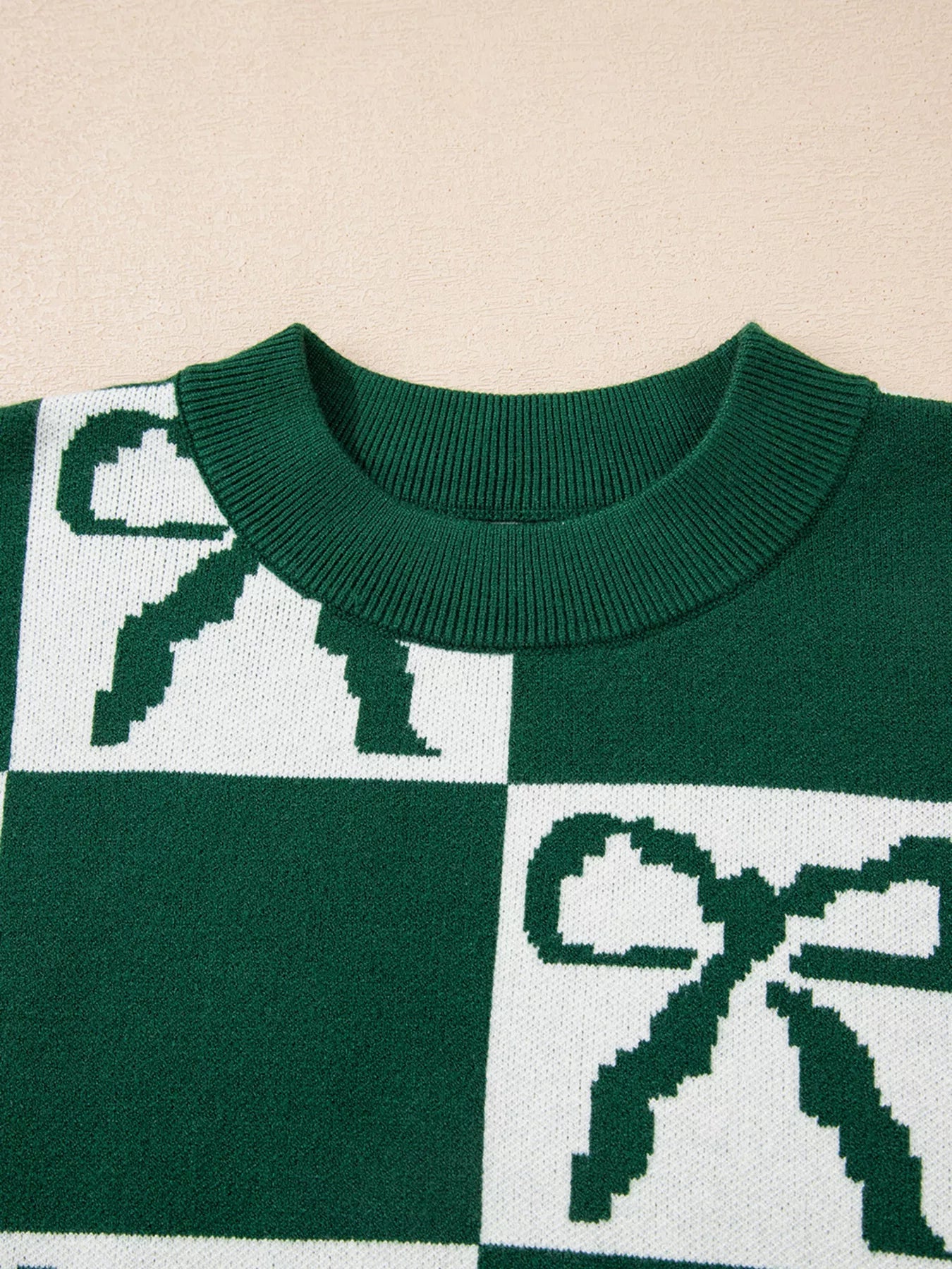Checkered Bow Round Neck Casual Sweater 