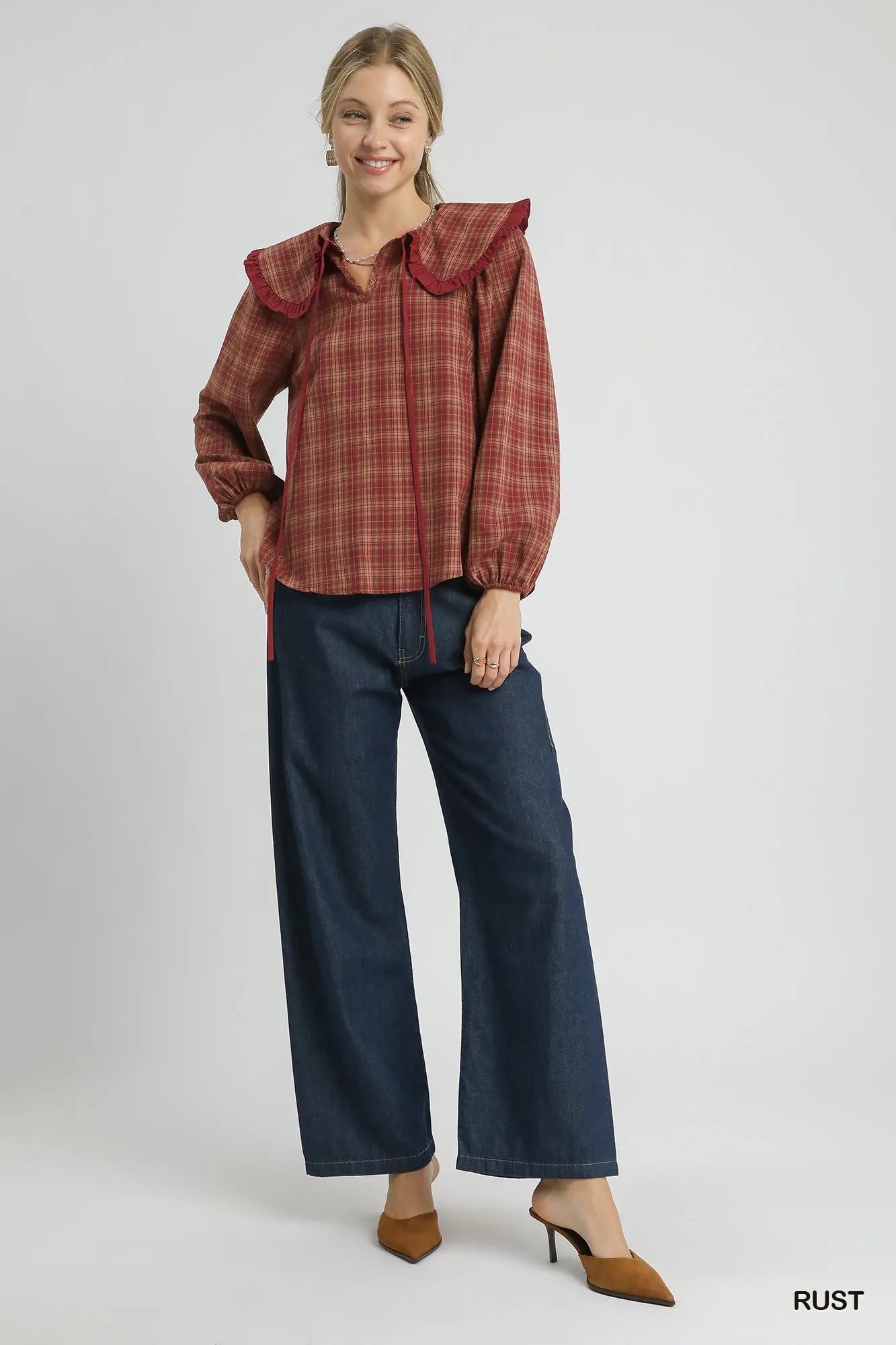 Umgee Full Size Plaid Ruffle Collar Blouse Plus Size 