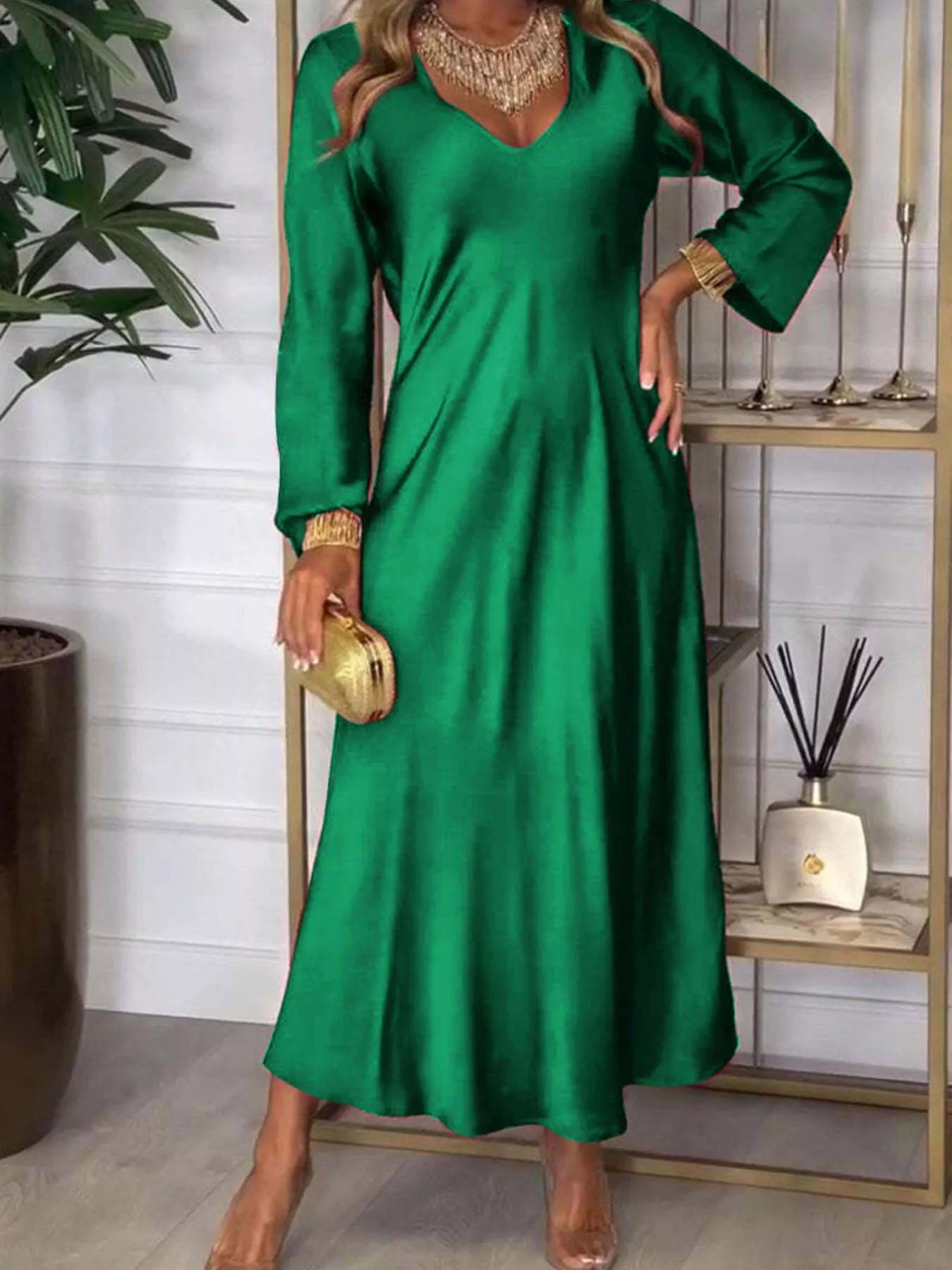 Full Size V-Neck Long Sleeve Midi Dress Plus Size 