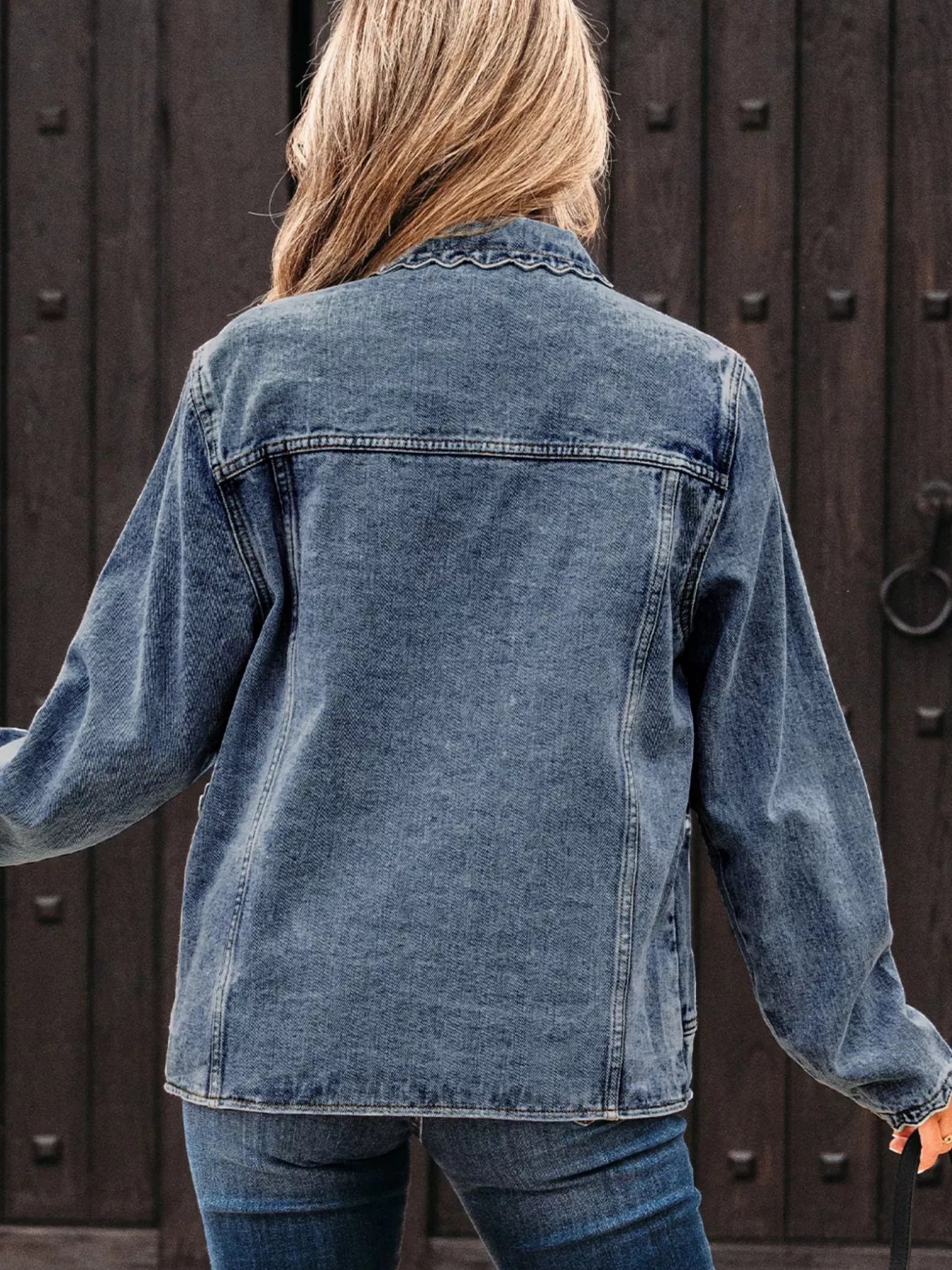 Scallop Trim Collar Patched Pocket Button Up Denim Jacket 
