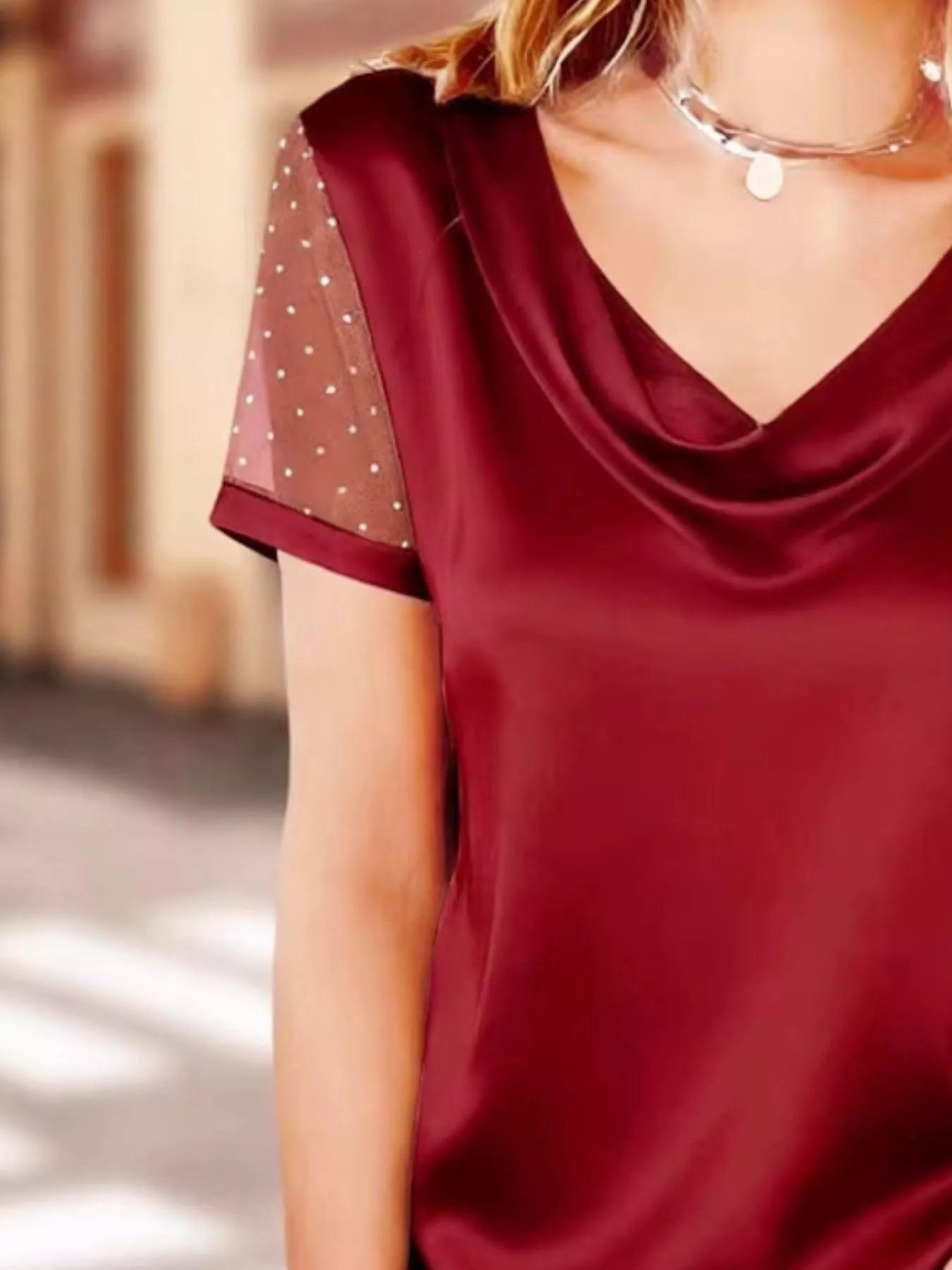 Cowl Neck Polka Dot Short Sleeve Top 