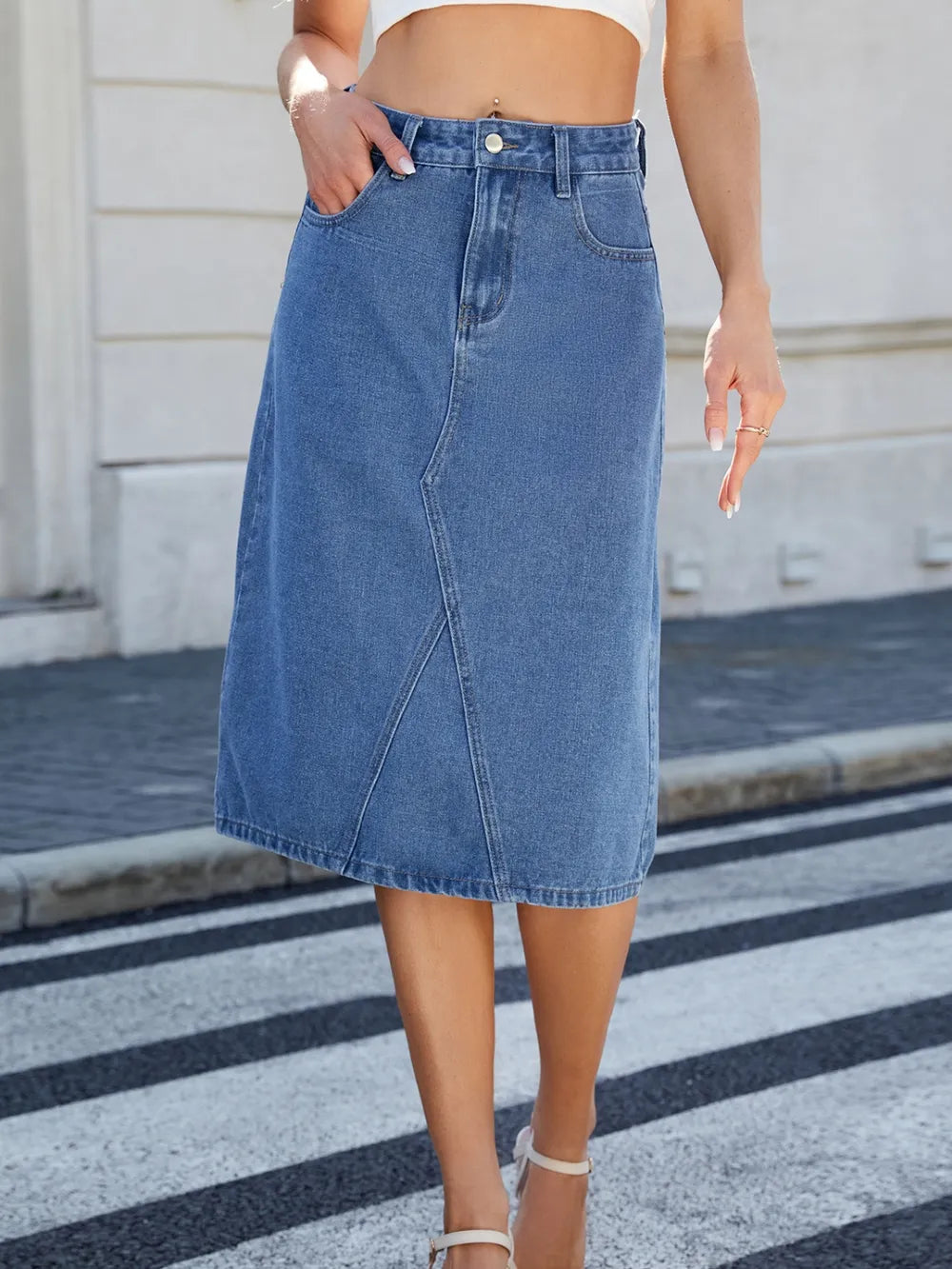 Slit Back Midi Denim Skirt 