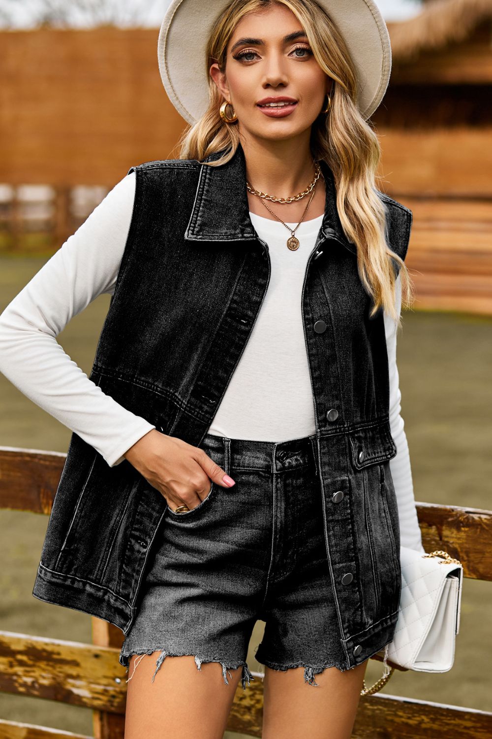 Sleeveless Collared Neck Denim Top with Pockets 