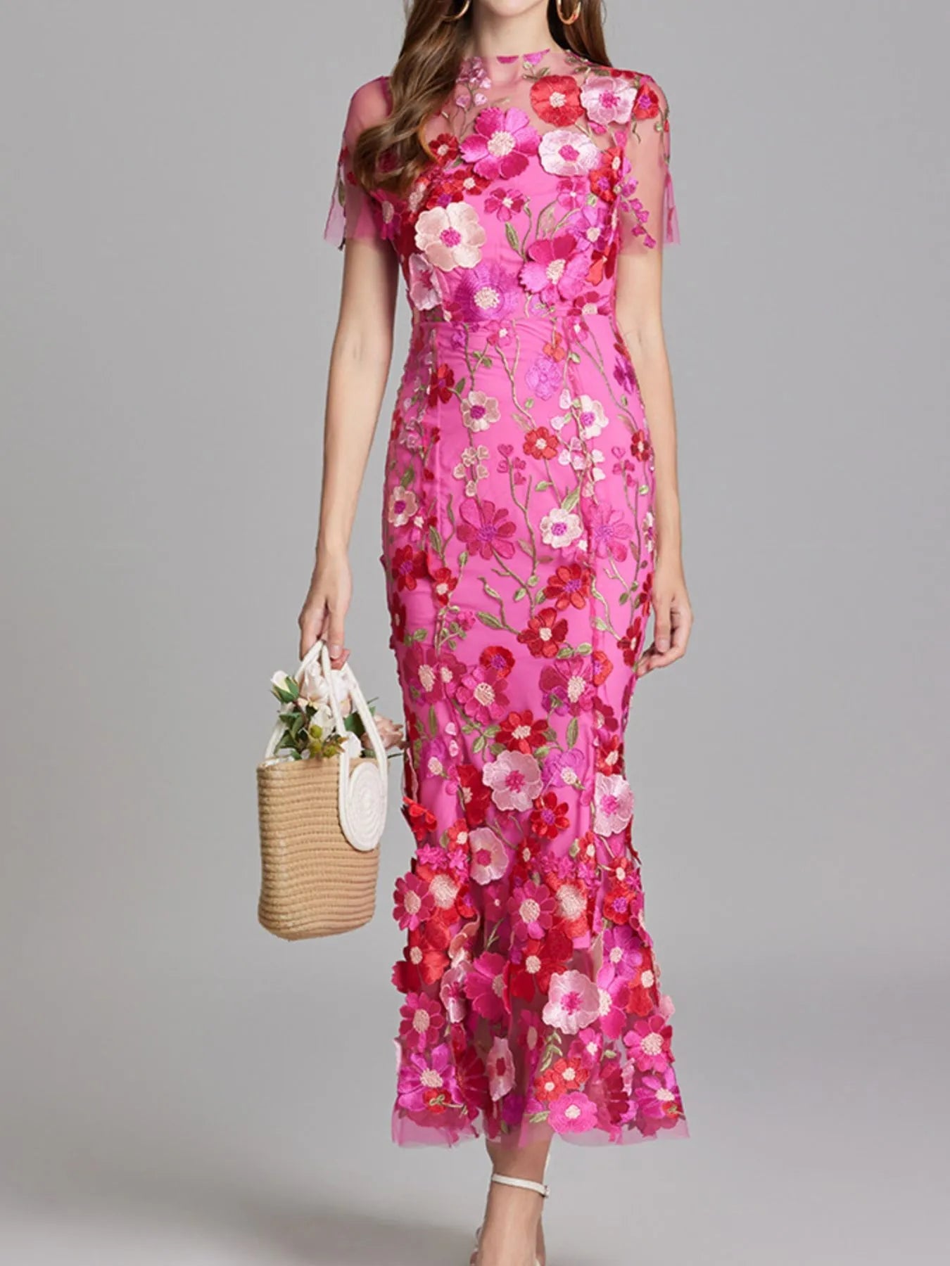 Floral Embroidered Mesh Overlay Maxi Dress 
