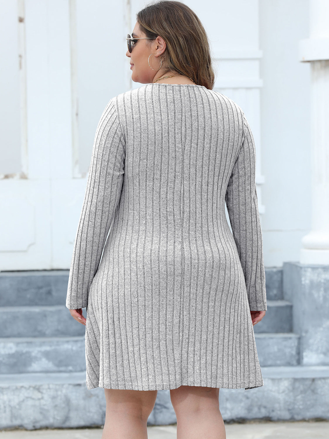 Plus Size Ribbed Buttoned V-Neck Long Sleeve Dress 