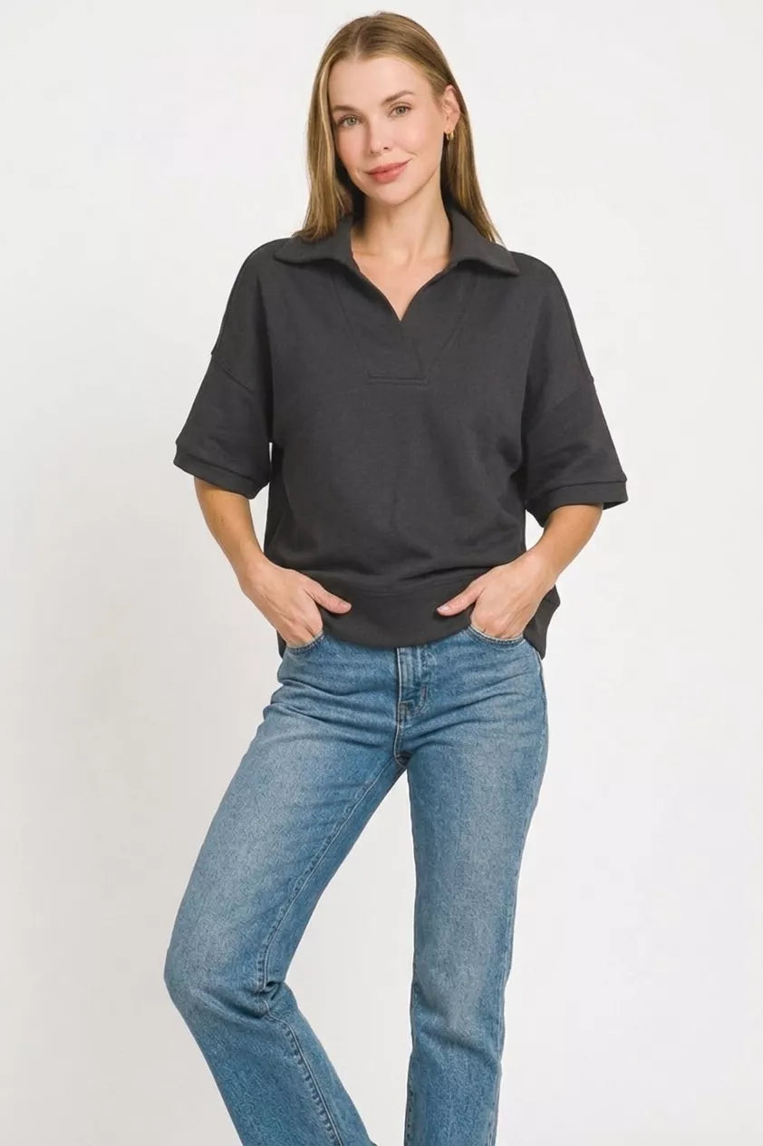 Zenana Scuba Collared Short Sleeve Pullover 