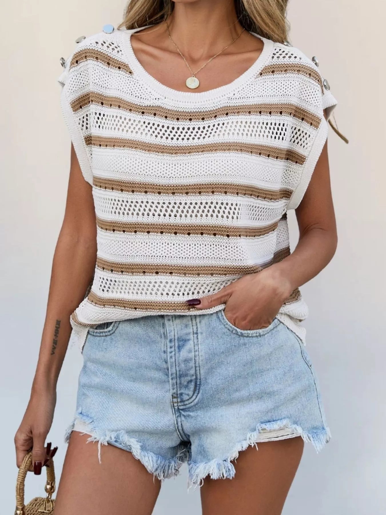Openwork Round Neck Cap Sleeve Knit Top 