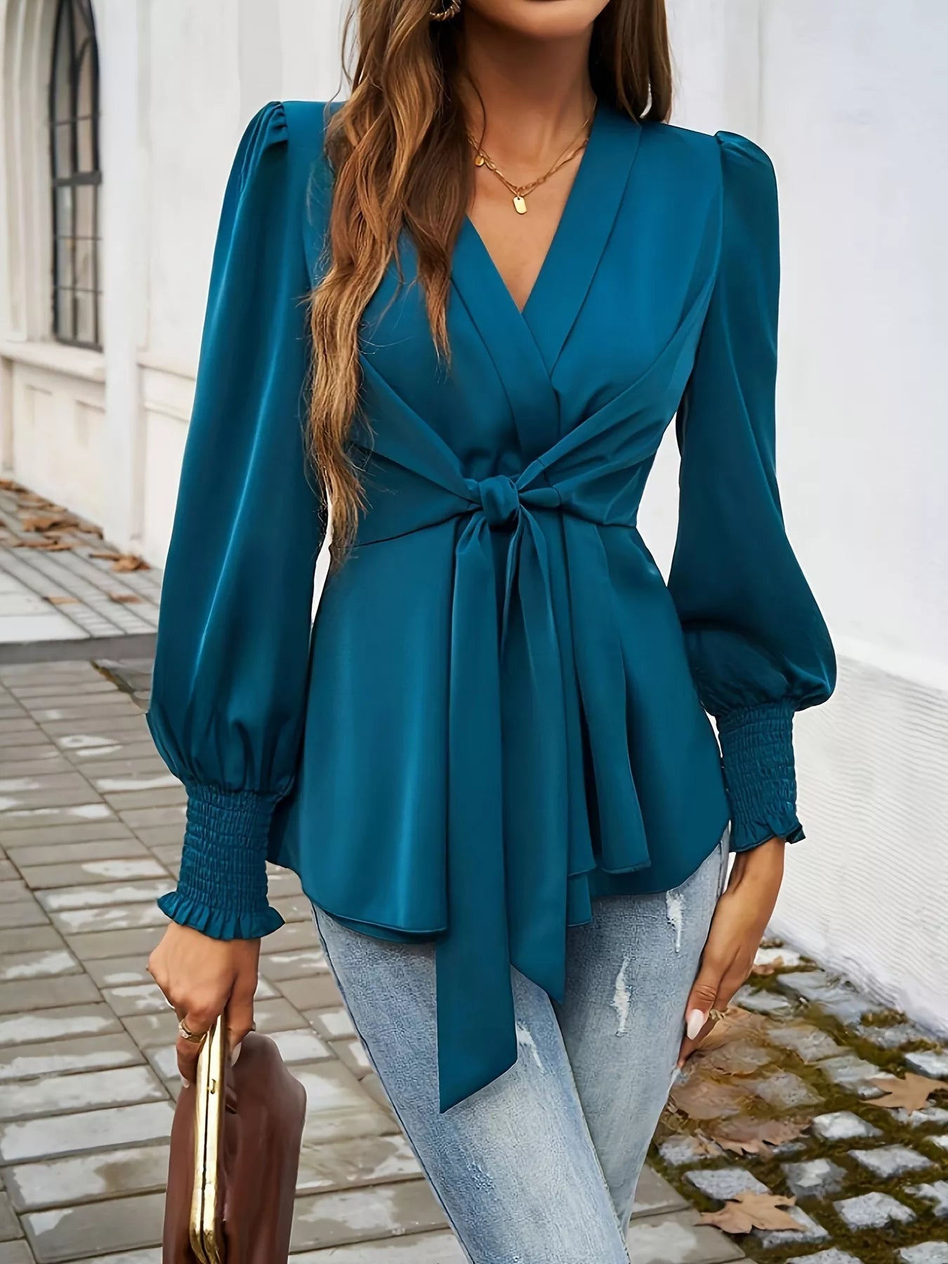 Knot Front Lantern Sleeve Blouse 