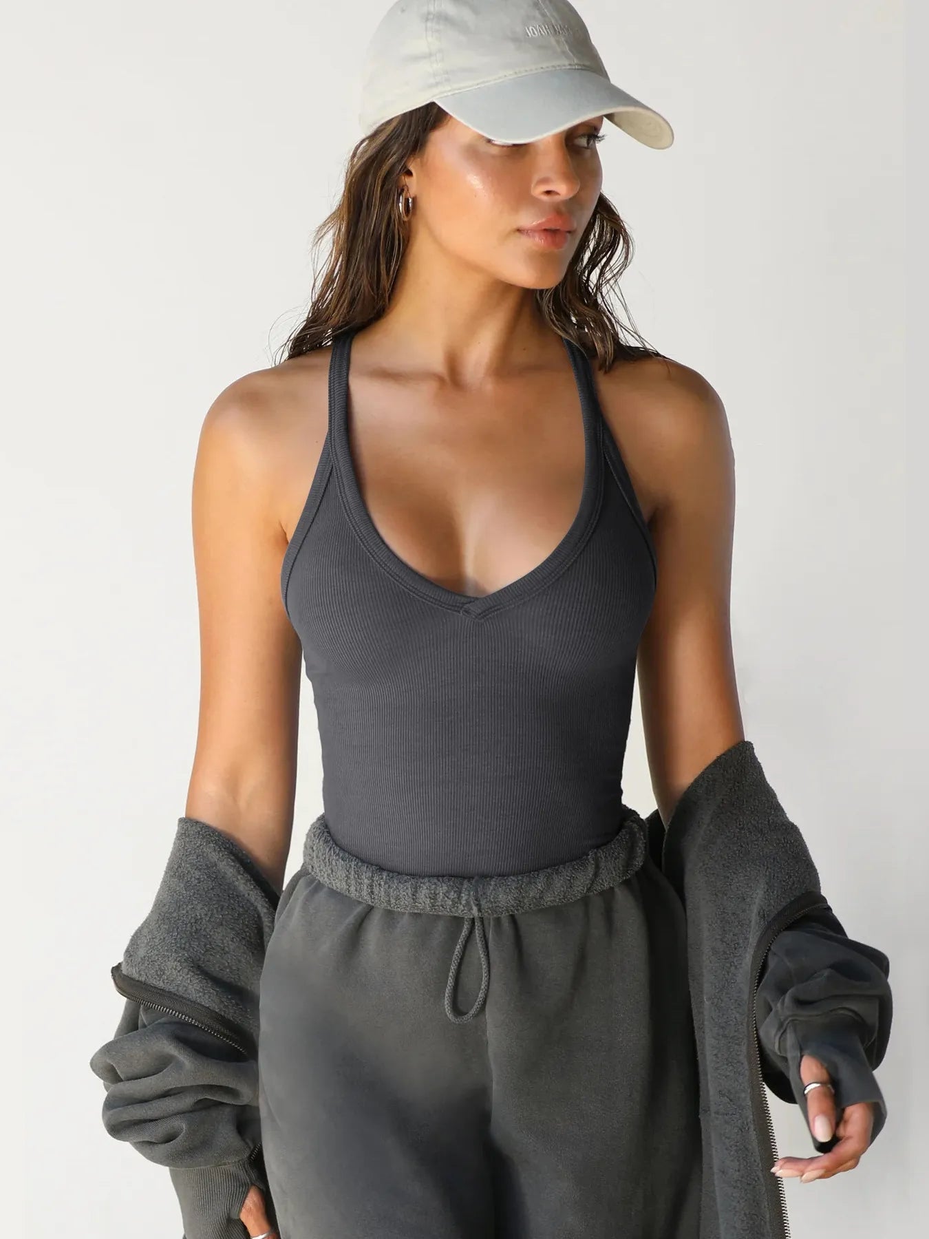 Ribbed V-Neck Halter Tank Top 