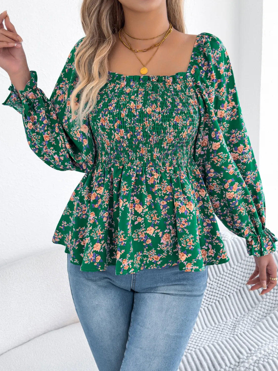 Floral Square Neck Flounce Sleeve Blouse 