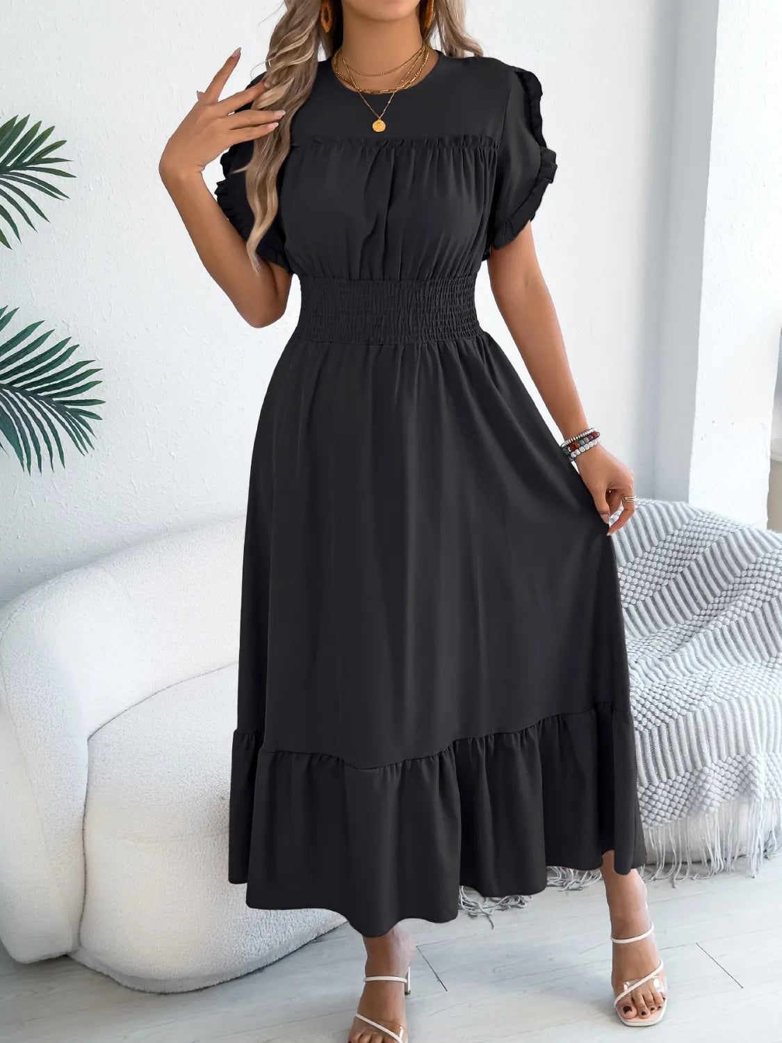 Smocked Frill Round Neck Midi Dress 