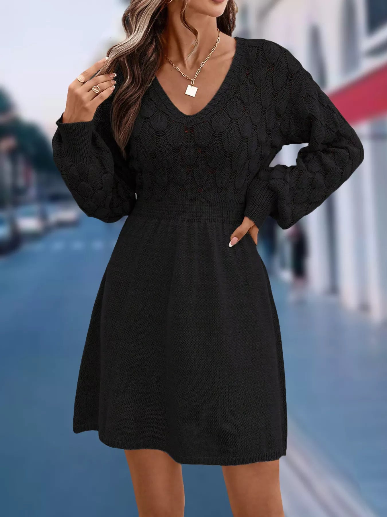 V-Neck Long Sleeve Sweater Dress 