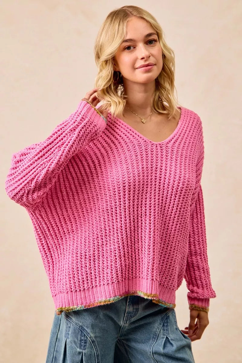 BiBi V-Neck Sweater with Colorful Trim 