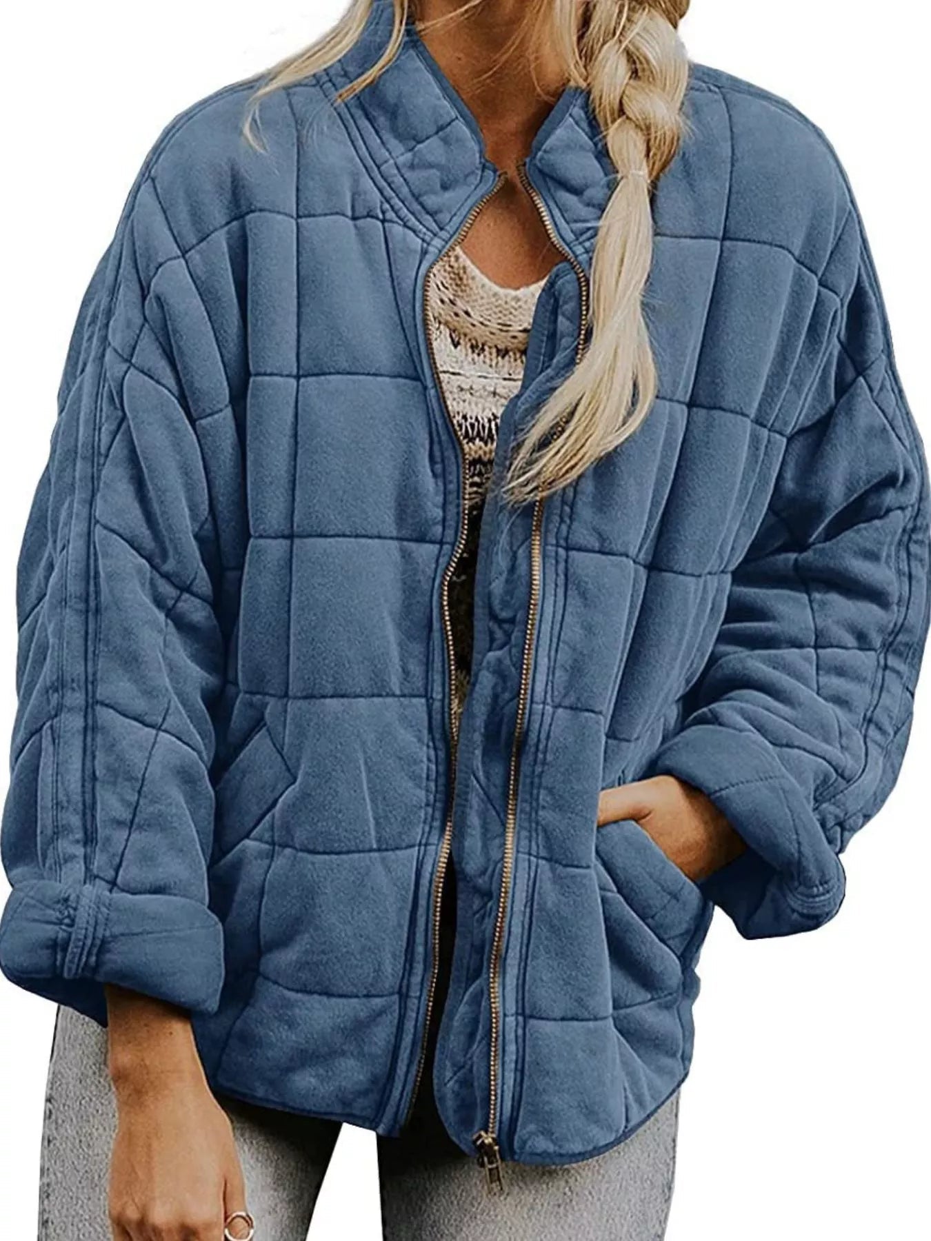 Full Size Zip Up Quilted Bomber Jacket Plus Size 