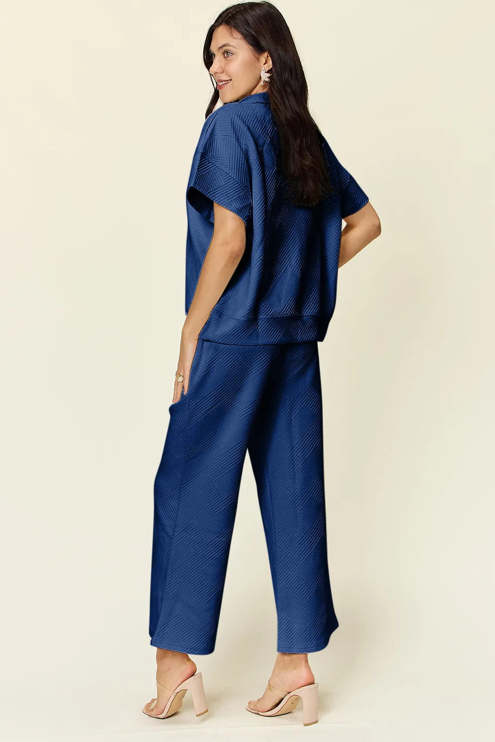 Double Take Full Size Texture Half Zip Short Sleeve Top and Pants Set 