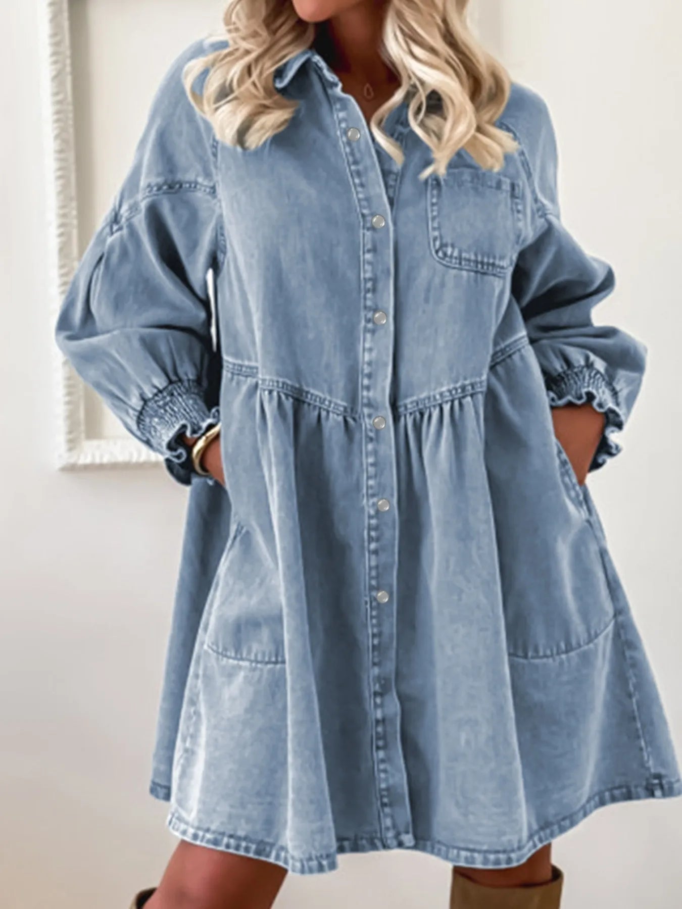 Button-Up Denim Shirt Dress with Smocked Cuffs 