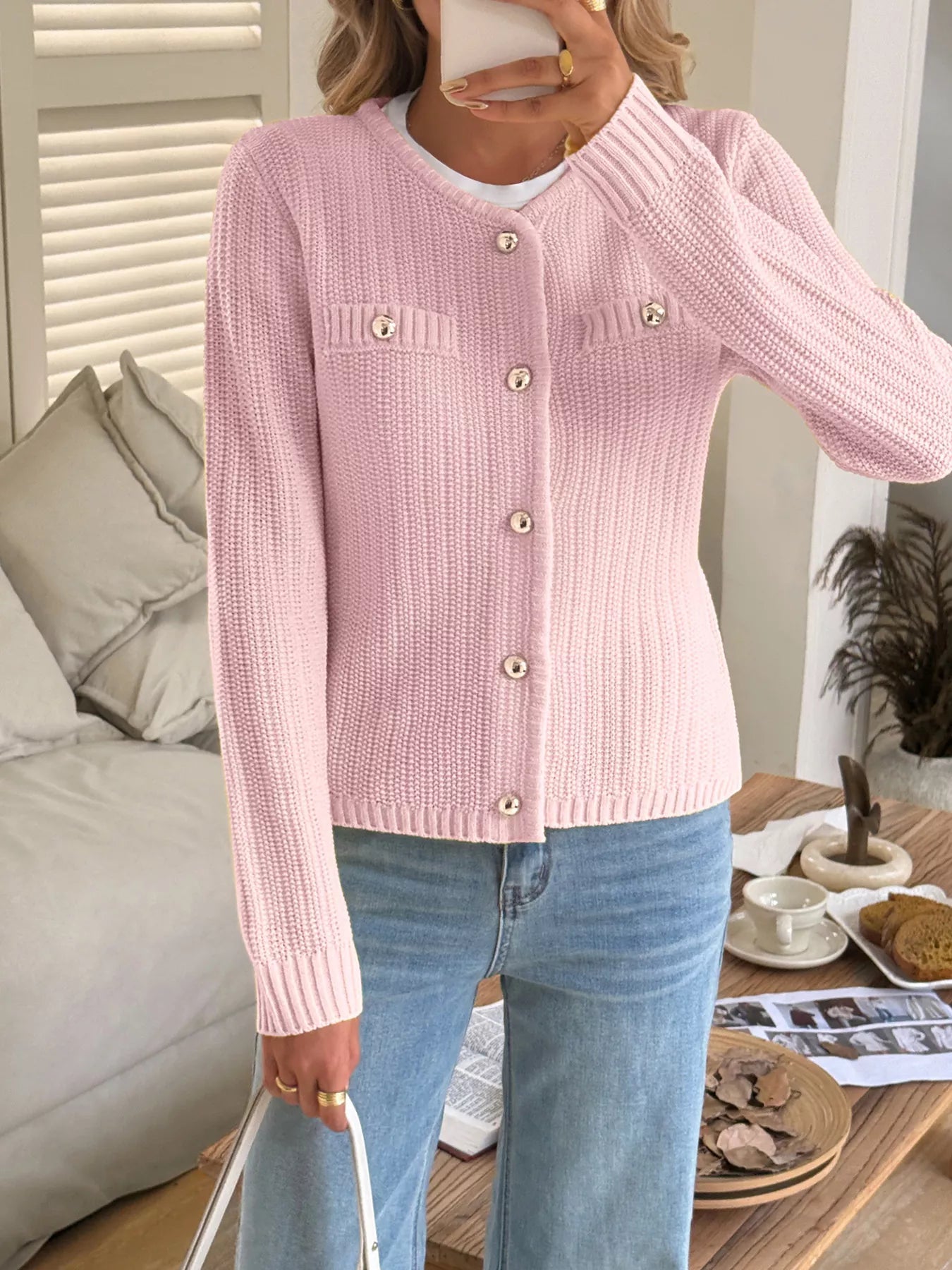 Button-Front Ribbed Long Sleeve Cardigan 