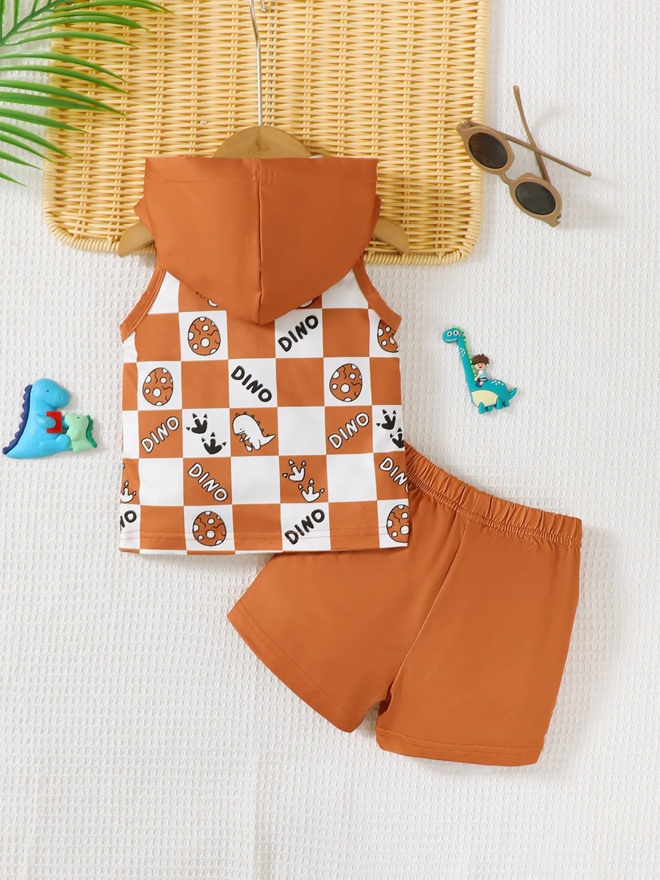 Children's Dinosaur Checkered Sleeveless Hooded Top and Shorts Set 