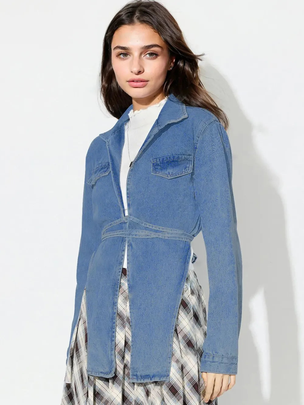 Asymmetric Slit Collared Neck Long Denim Top 