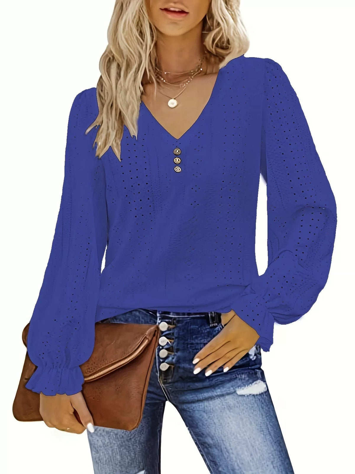 Plus Size Eyelet V-Neck Flounce Sleeve Blouse 