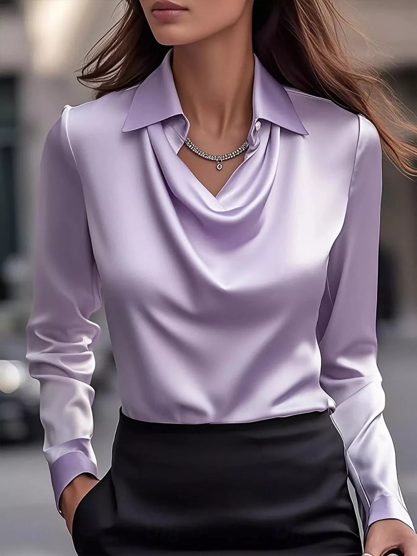Ruched Long Sleeve Drape Collar Blouse 