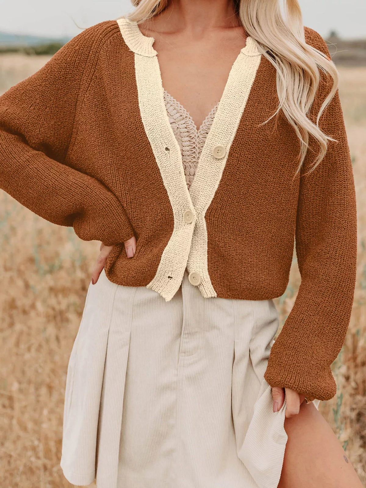 Contrast Knit V Neckline Cardigan 