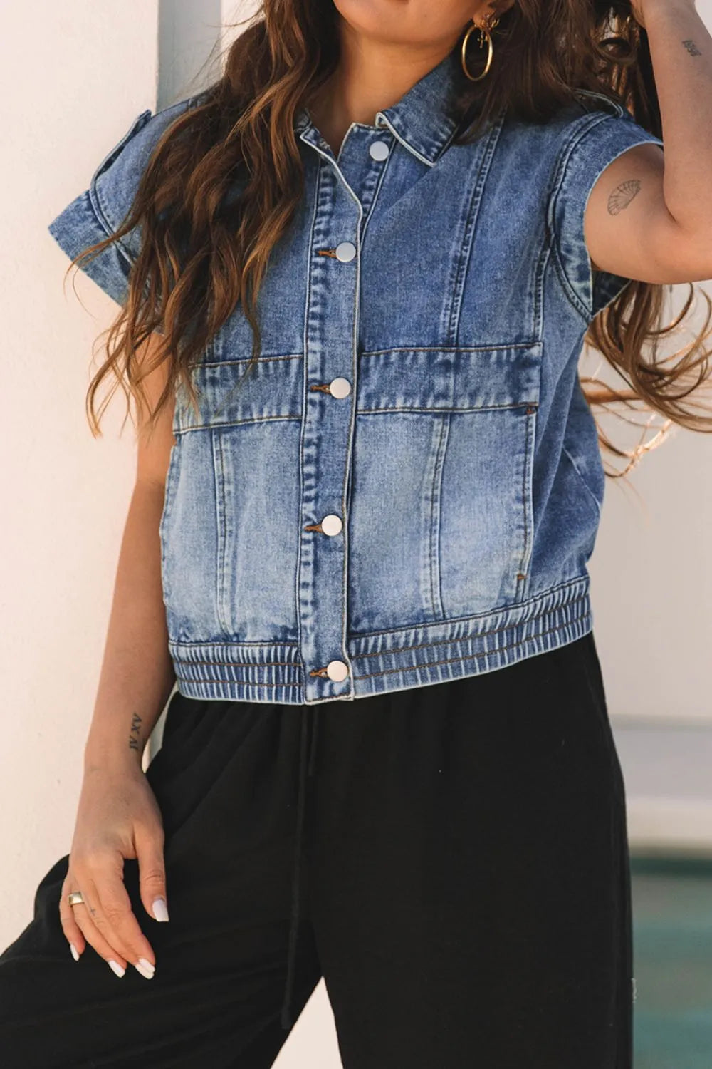 Button Up Cap Sleeve Denim Jacket 