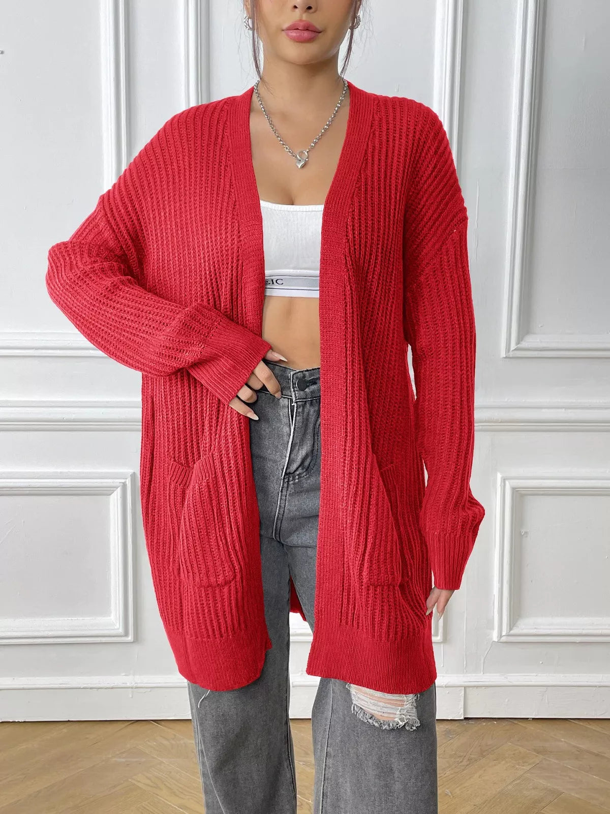 Open Front Drop Shoulder Cardigan 