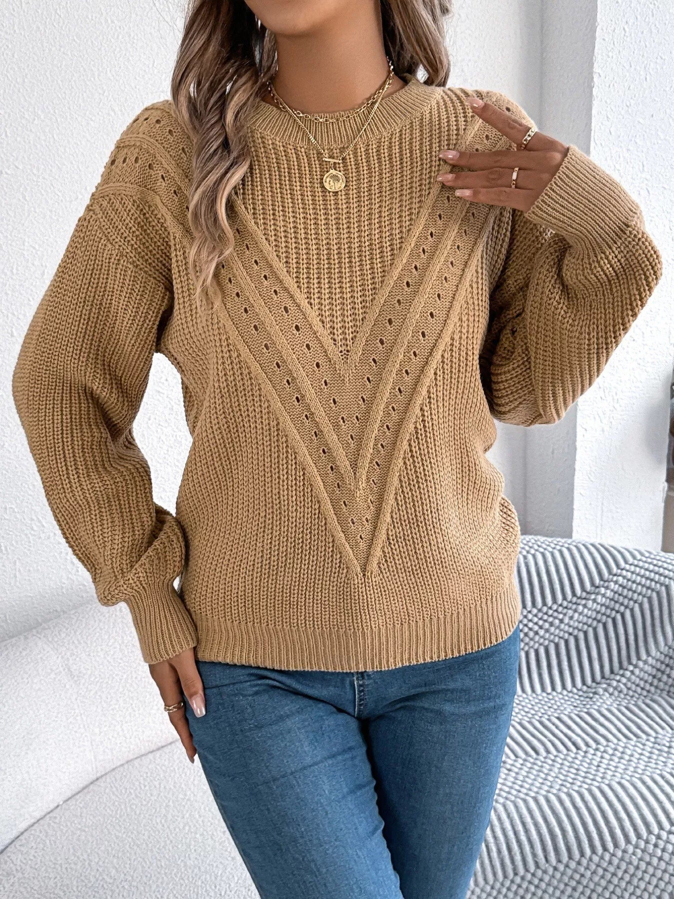 Openwork Round Neck Sweater 