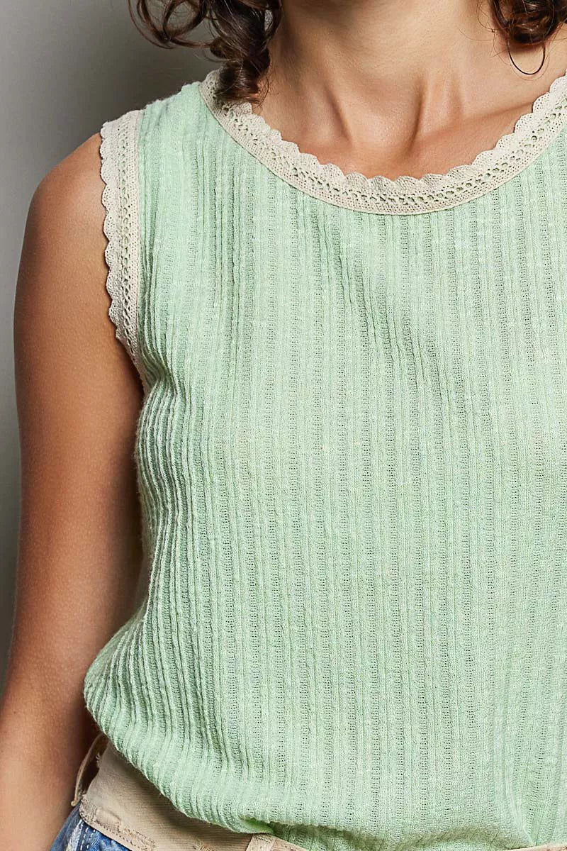 POL Ribbed Round Neck Tank with Lace Trim 