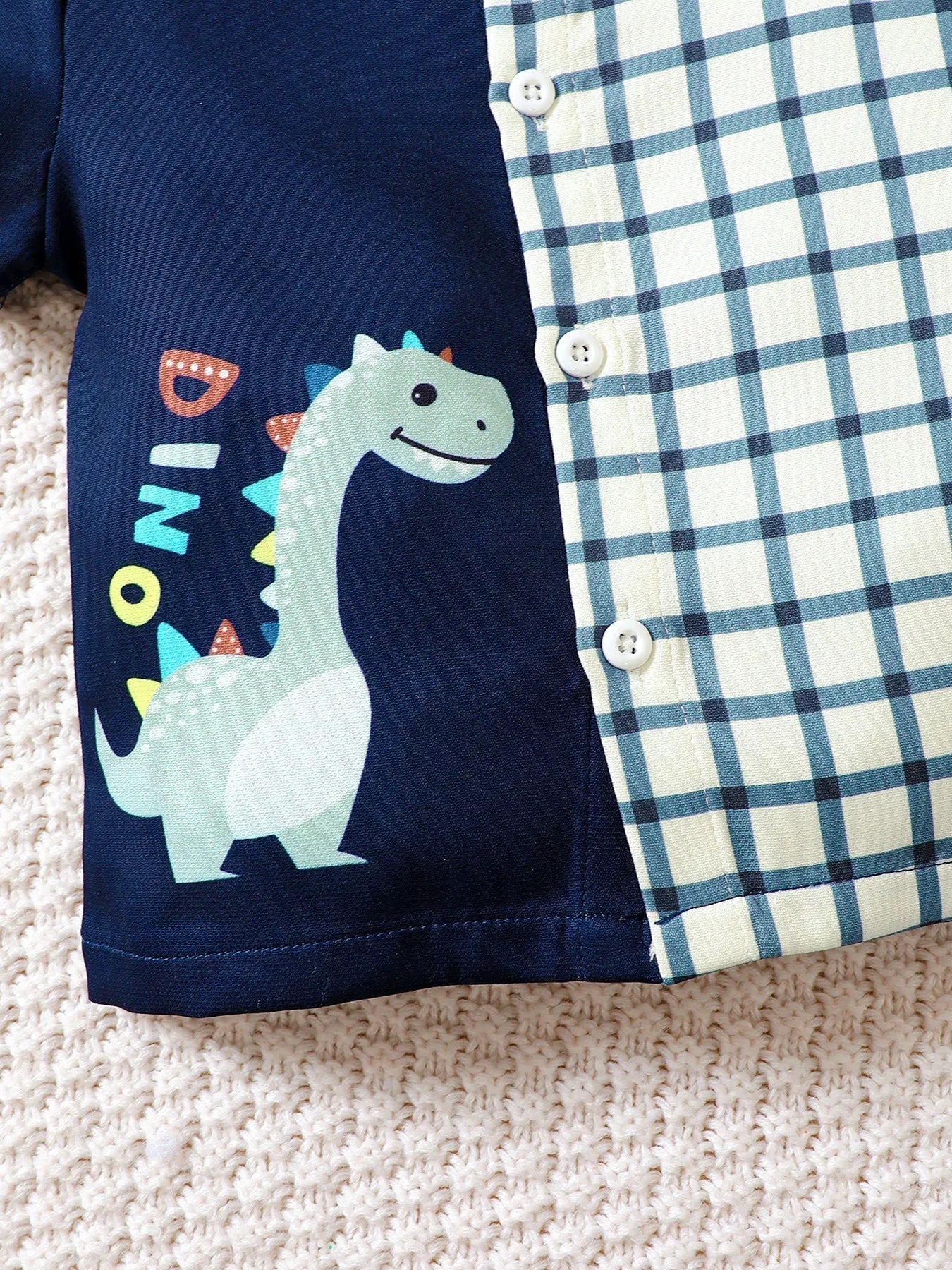 Children's Hat Dinosaur Plaid Button Up Top and Shorts 3-Piece Set 
