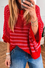 Stripe Wavy Crochet Eyelet Detail Ruffle Half Sleeve Sweater 