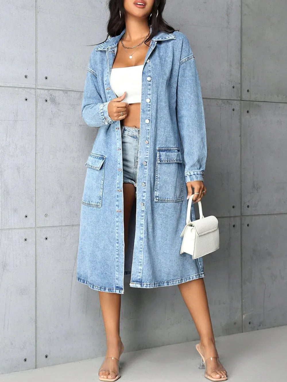 Pocketed Button Up Collared Neck Denim Top 