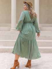 Plus Size Tassel Printed Tie Neck Long Sleeve Midi Dress 