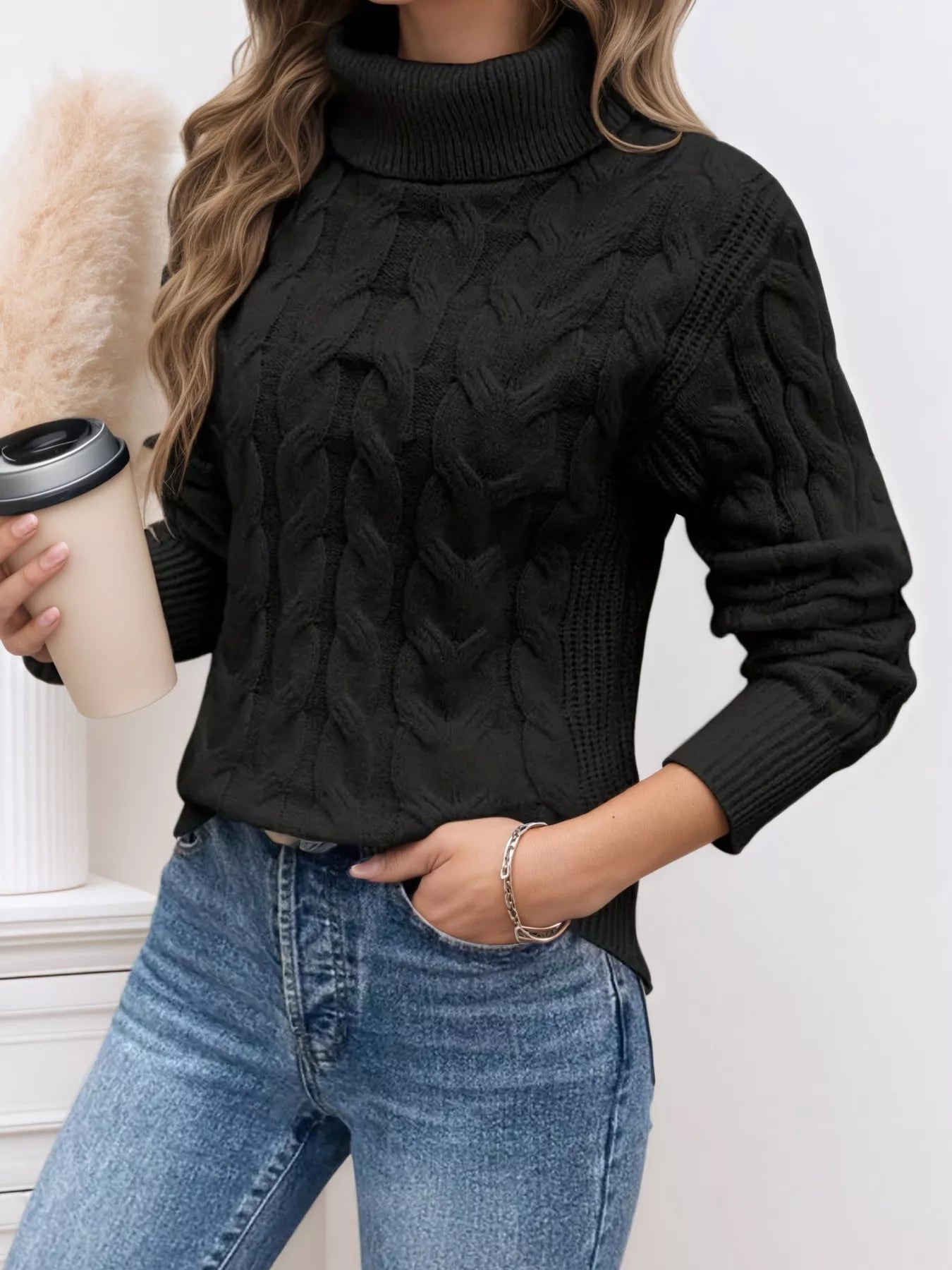 Cable Knit Turtleneck Long Sleeve Sweater 
