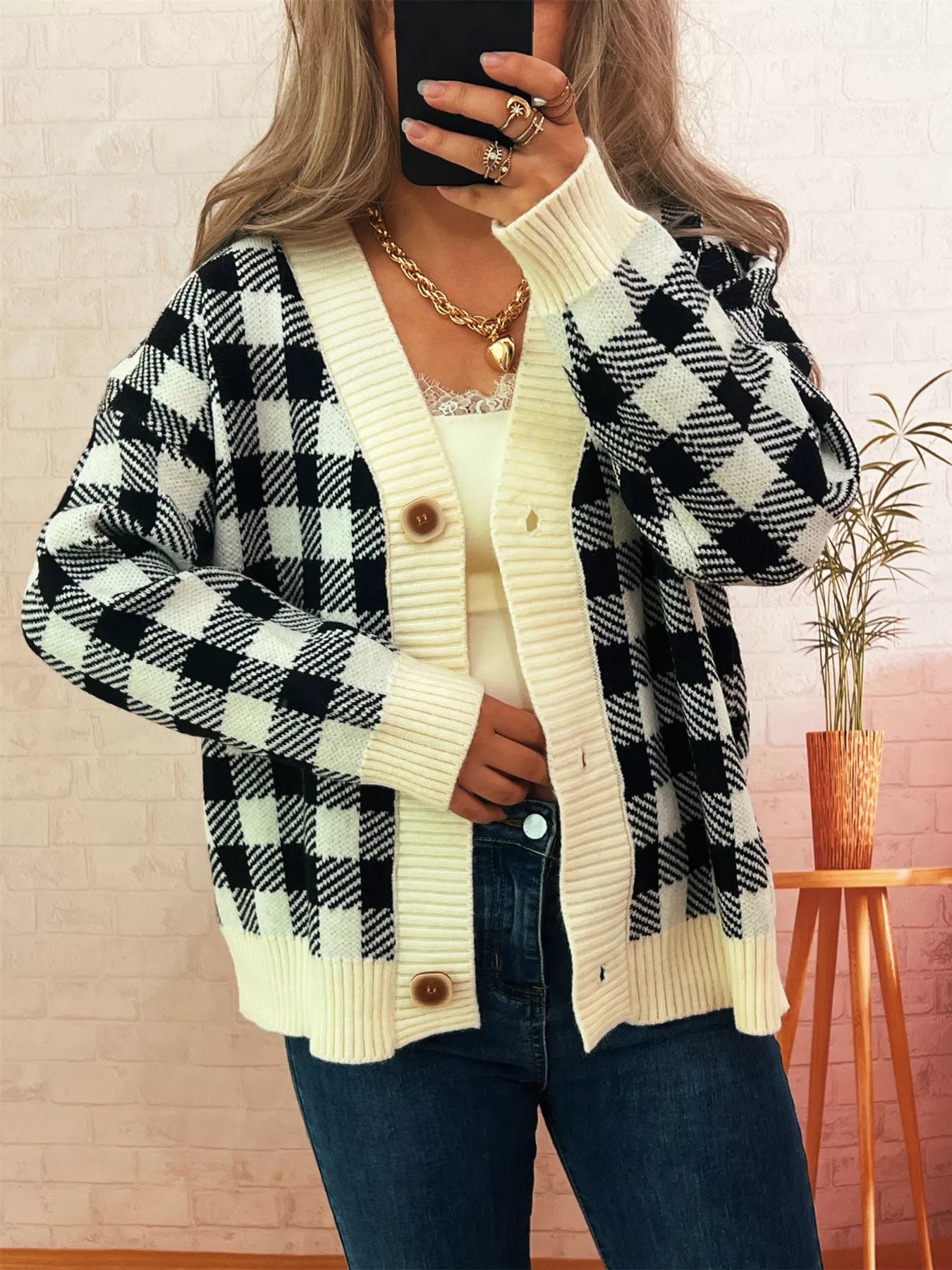 Plaid Button-Down Cardigan 