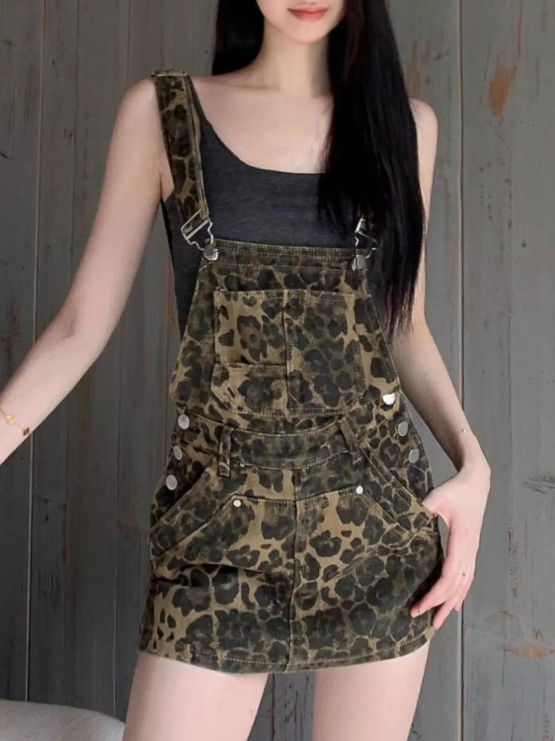 Leopard Print Denim Overall Dress 