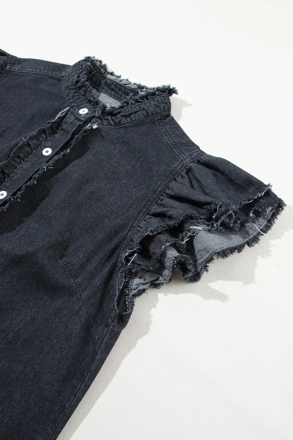 Button Down Raw Hem Ruffled Denim Shirt 