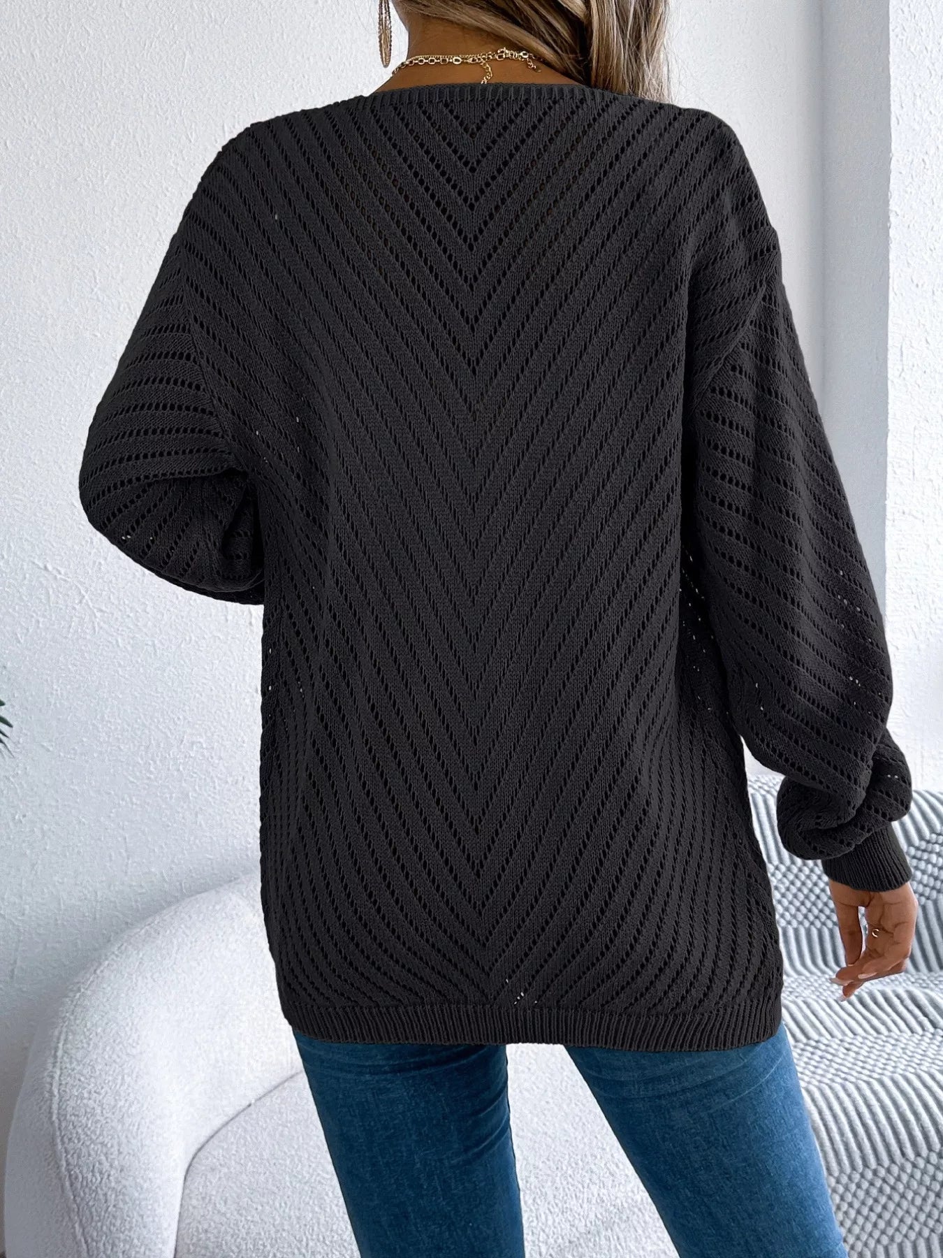 Openwork Open-Front Long Sleeve Cardigan 