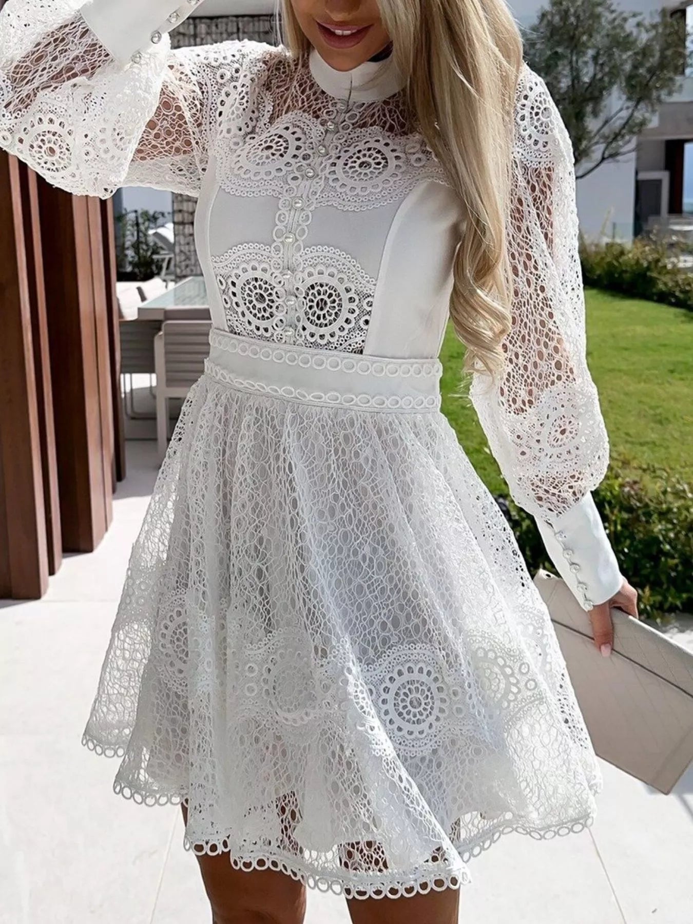 Lace Lantern Sleeve Mini Dress 
