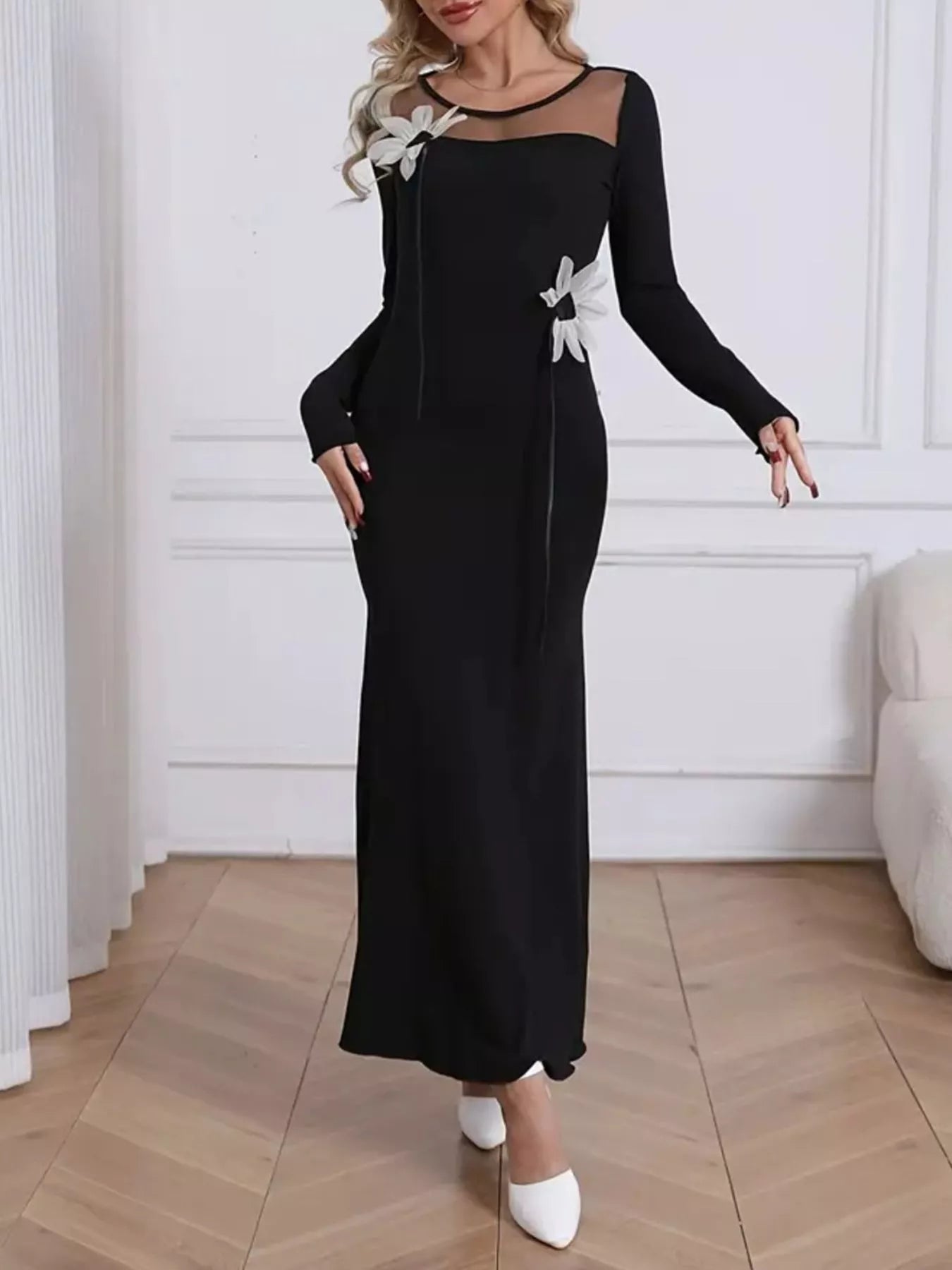 Mesh Panel Long Sleeve Maxi Dress 