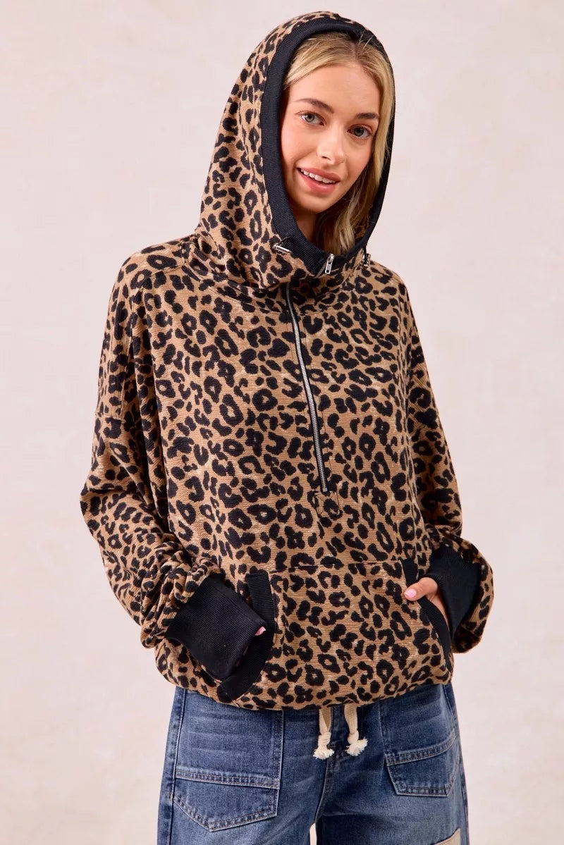 BiBi Leopard Print Waffle Half Zip Up Hoodie W Pocket 