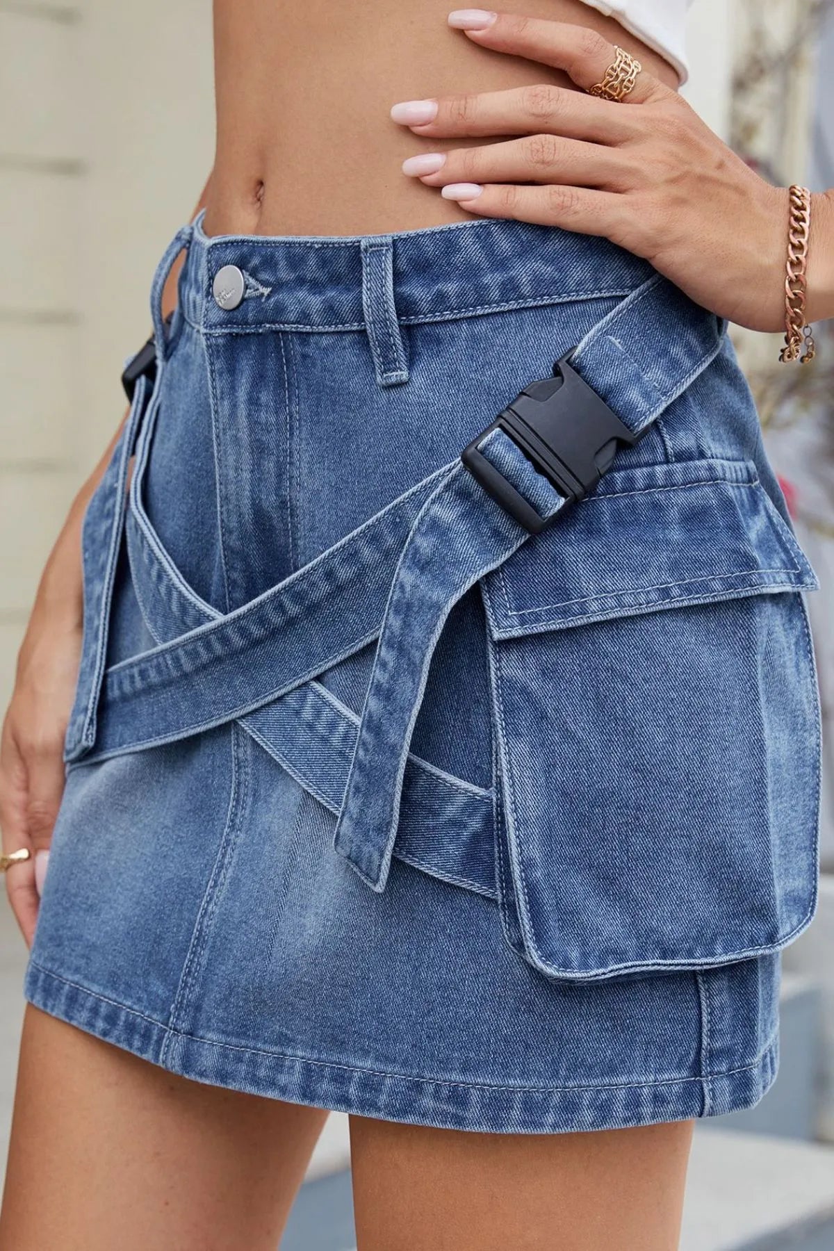 Criss-Cross Waist Detail Denim Mini Skirt 