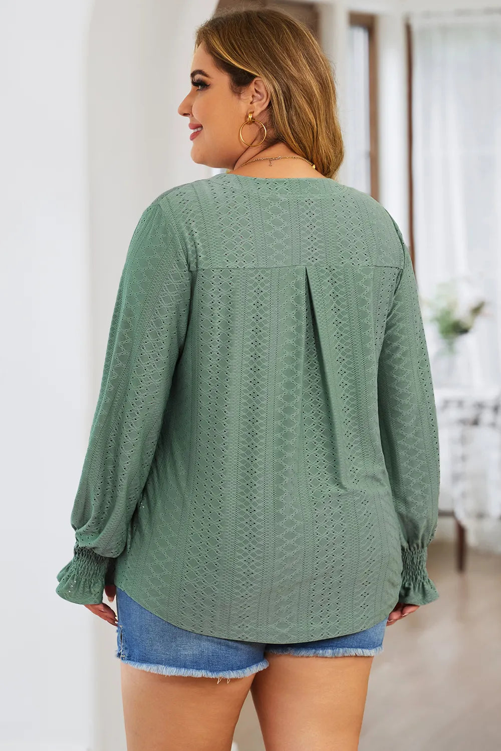 Plus Size Eyelet Notched Flounce Sleeve Blouse 