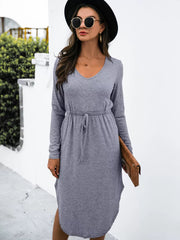 Drawstring Waist Long Sleeve Casual Dress 