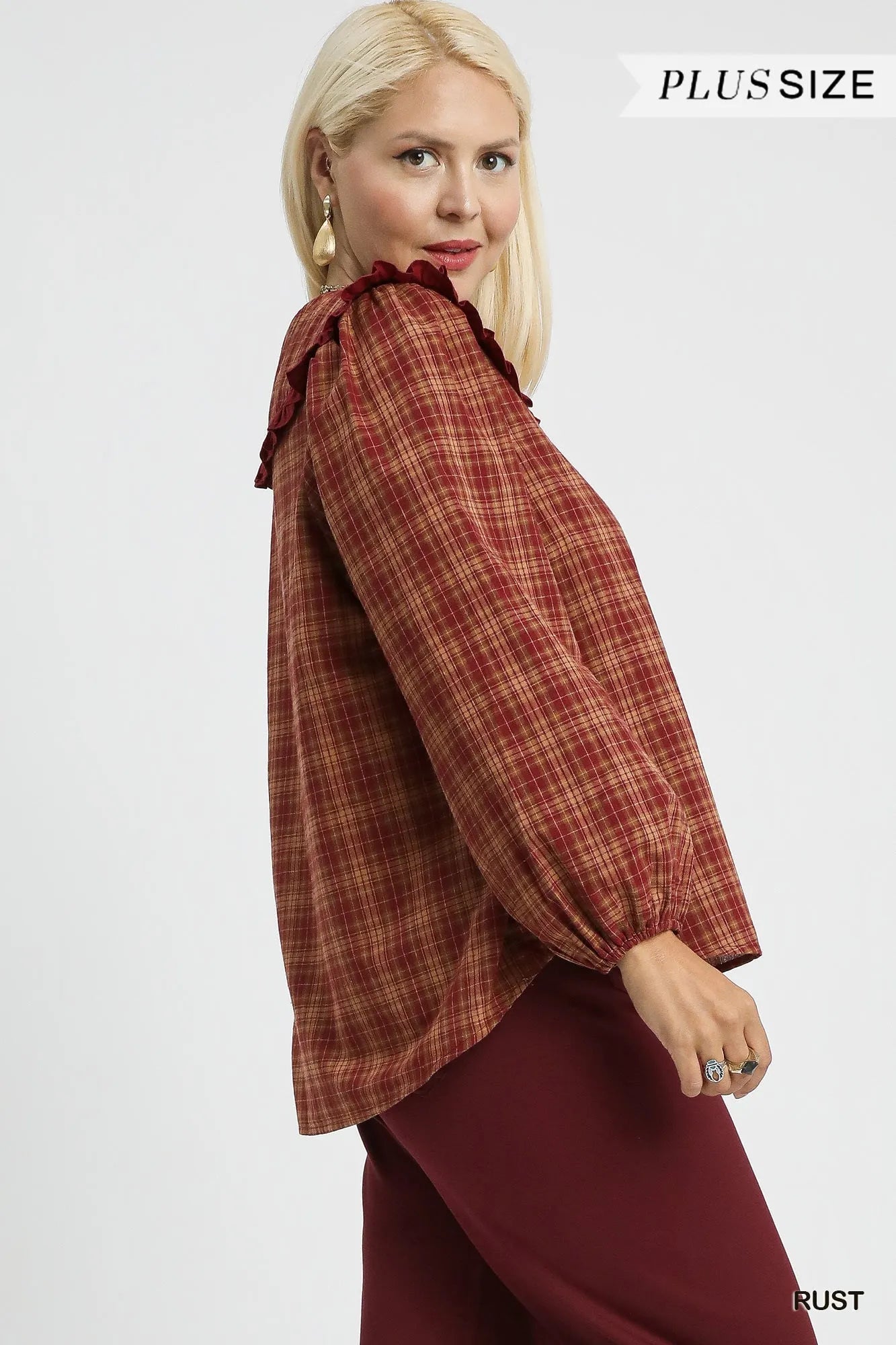 Umgee Full Size Plaid Ruffle Collar Blouse Plus Size 