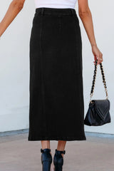 Button Fly Side Split Denim Midi Skirt 