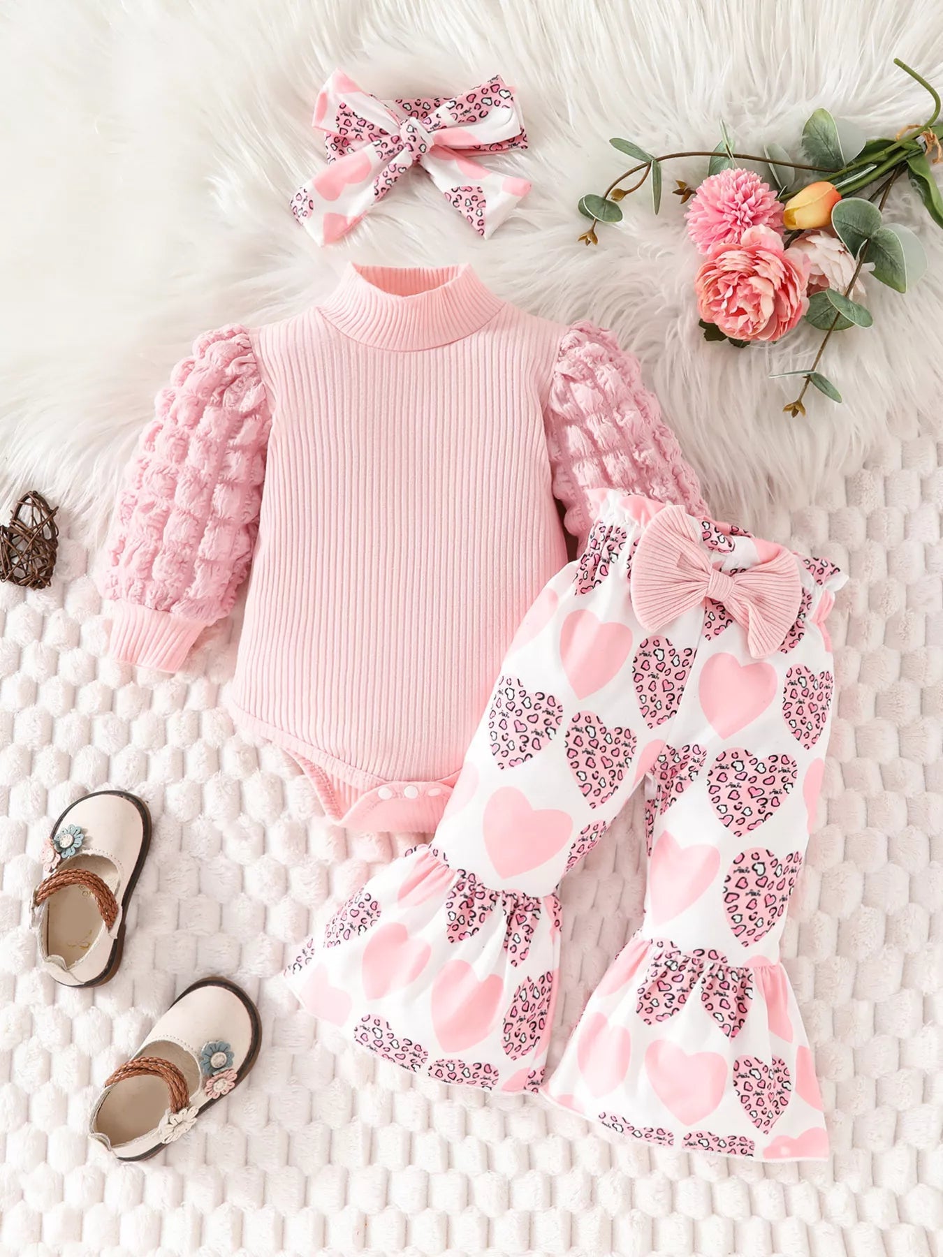 Children's Bubble Texture Long Sleeve Top and Pants Set with Headband 
