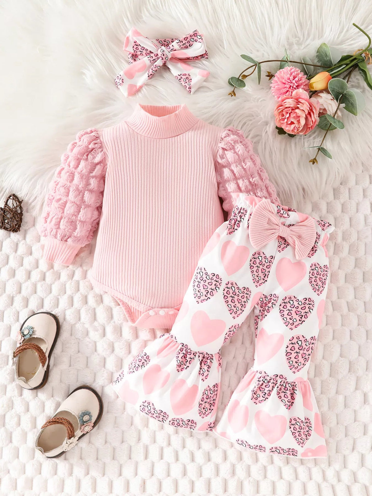 Children's Bubble Texture Long Sleeve Top and Pants Set with Headband 