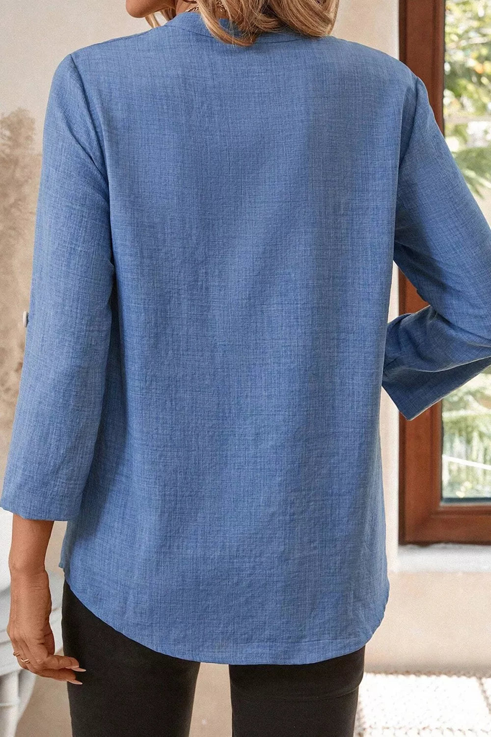 Casual Roll-Up Sleeve Notched Blouse 